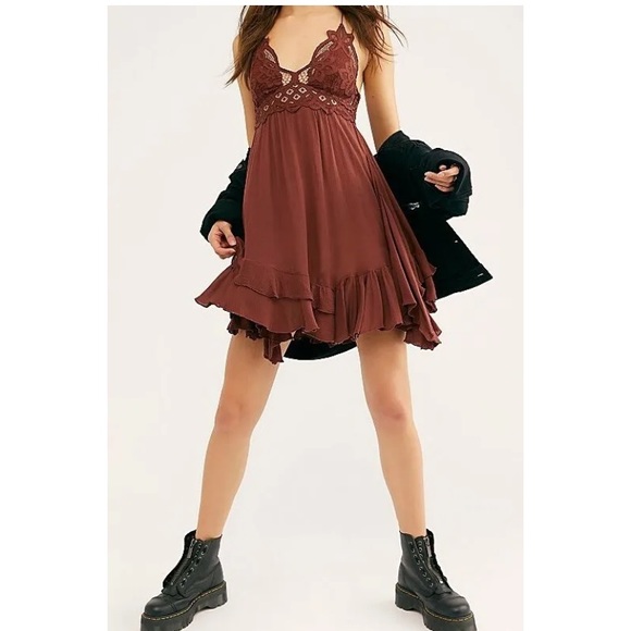 Free People Adela Lace Mini Dress in Mocha Size L - Picture 2 of 10